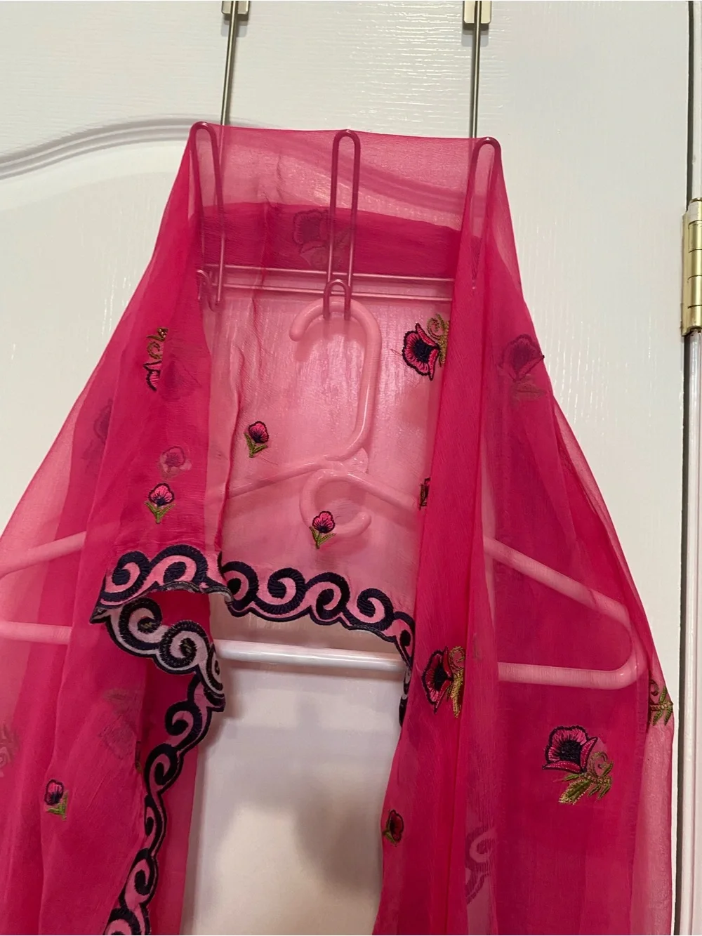 Bright Pink Embroidered Sheer Scarf or dupata/ Wrap - Picture 2 of 5